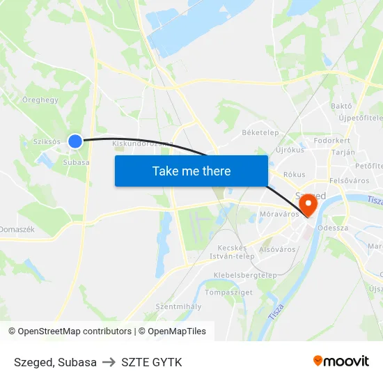 Szeged, Subasa to SZTE GYTK map
