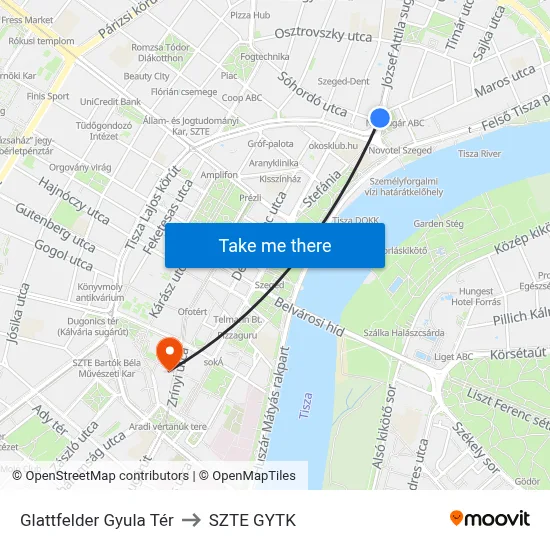Glattfelder Gyula Tér to SZTE GYTK map