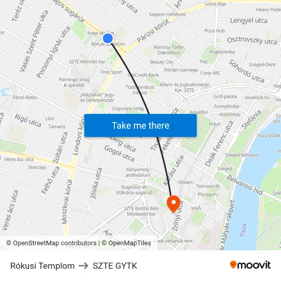 Rókusi Templom to SZTE GYTK map