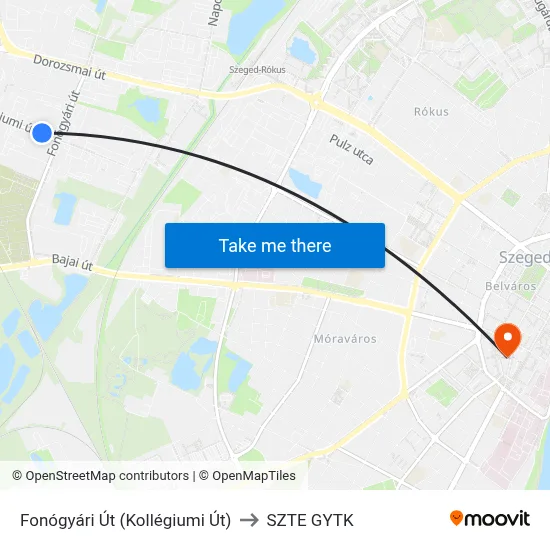 Fonógyári Út (Kollégiumi Út) to SZTE GYTK map