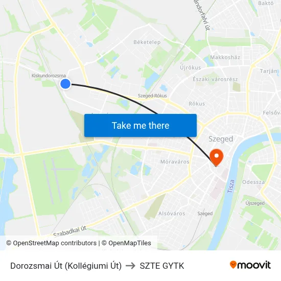 Dorozsmai Út (Kollégiumi Út) to SZTE GYTK map