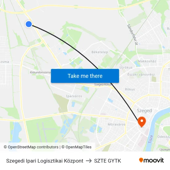 Szegedi Ipari Logisztikai Központ to SZTE GYTK map