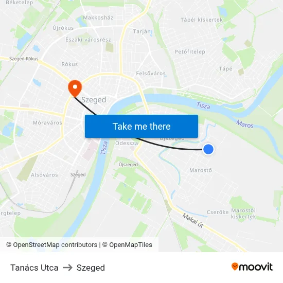 Tanács Utca to Szeged map