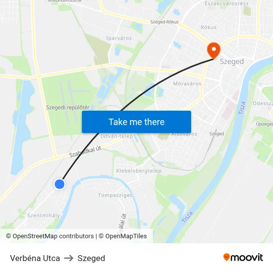 Verbéna Utca to Szeged map
