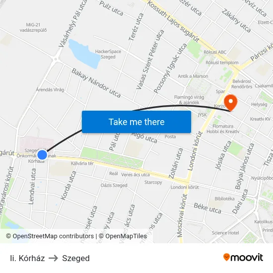 Ii. Kórház to Szeged map