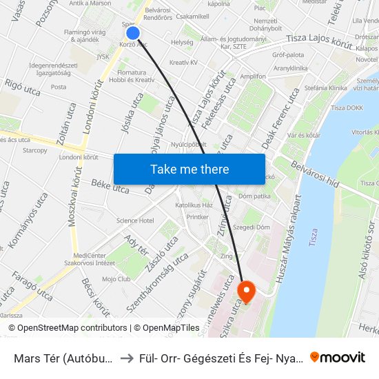 Mars Tér (Autóbusz-Állomás) to Fül- Orr- Gégészeti És Fej- Nyaksebészeti Klinika map