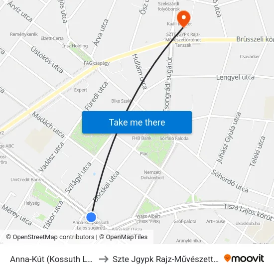 Anna-Kút (Kossuth Lajos Sugárút) to Szte Jgypk Rajz-Művészettörténet Tanszék map
