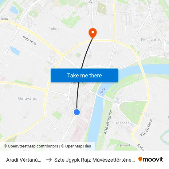 Aradi Vértanúk Tere to Szte Jgypk Rajz-Művészettörténet Tanszék map
