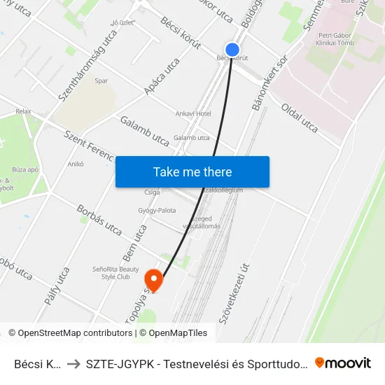 Bécsi Körút to SZTE-JGYPK - Testnevelési és Sporttudományi Intézet map