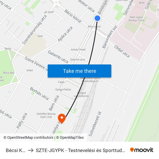 Bécsi Körút to SZTE-JGYPK - Testnevelési és Sporttudományi Intézet map