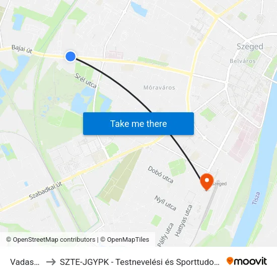 Vadaspark to SZTE-JGYPK - Testnevelési és Sporttudományi Intézet map