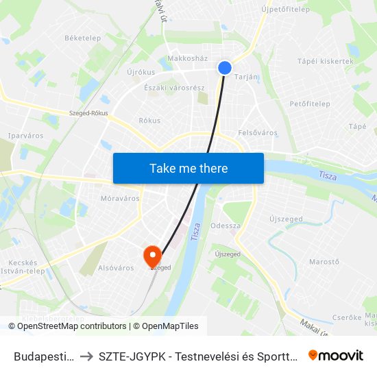 Budapesti Körút to SZTE-JGYPK - Testnevelési és Sporttudományi Intézet map