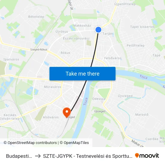 Budapesti Körút to SZTE-JGYPK - Testnevelési és Sporttudományi Intézet map