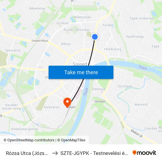 Rózsa Utca (József Attila Sugárút) to SZTE-JGYPK - Testnevelési és Sporttudományi Intézet map