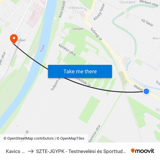 Kavics Utca to SZTE-JGYPK - Testnevelési és Sporttudományi Intézet map