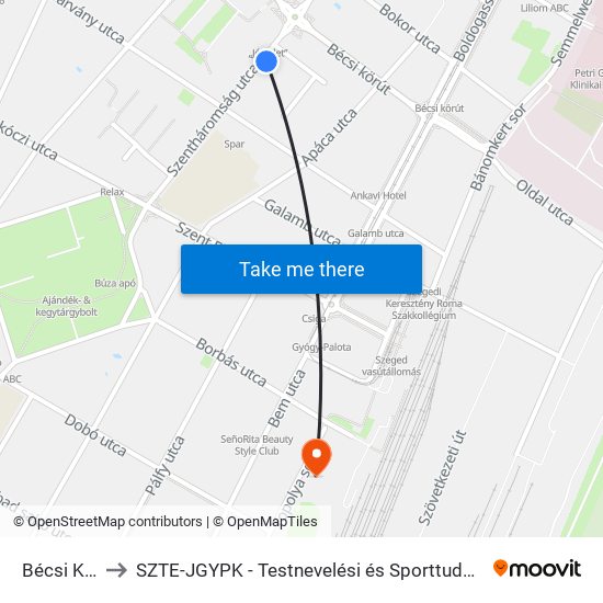 Bécsi Körút to SZTE-JGYPK - Testnevelési és Sporttudományi Intézet map