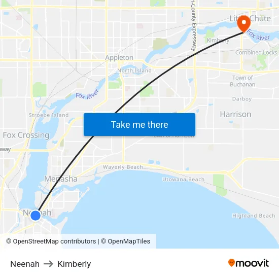 Neenah to Kimberly map