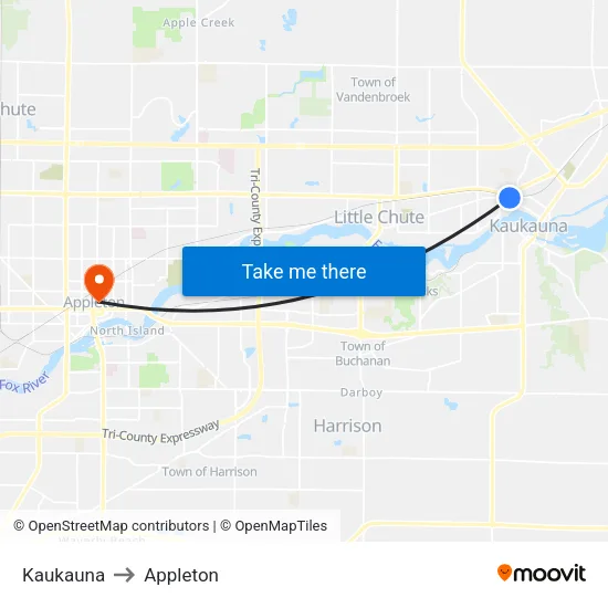 Kaukauna to Appleton map