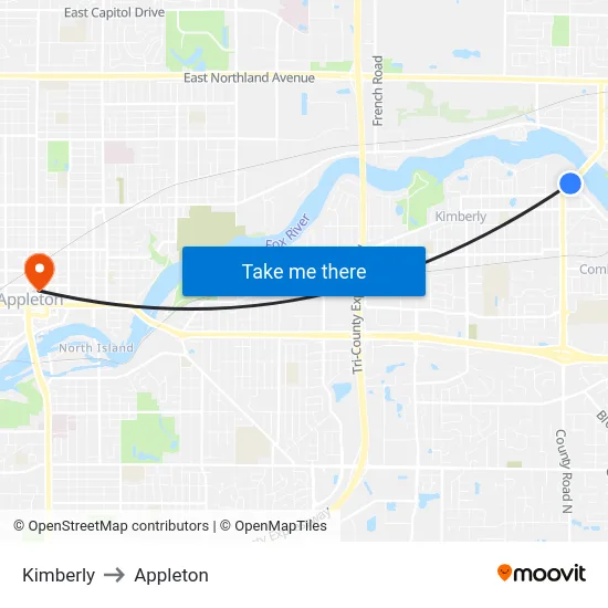 Kimberly to Appleton map