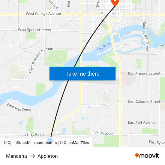 Menasha to Appleton map