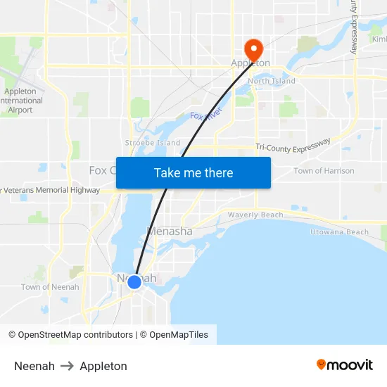 Neenah to Appleton map