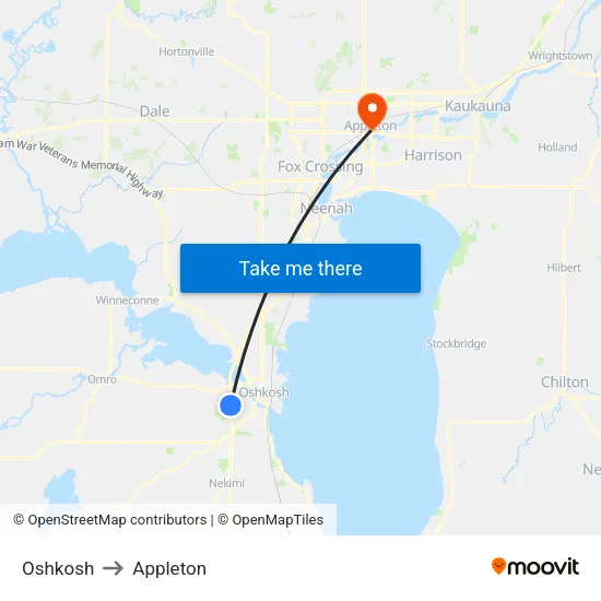 Oshkosh to Appleton map