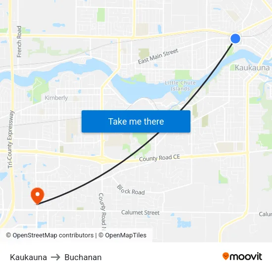 Kaukauna to Buchanan map