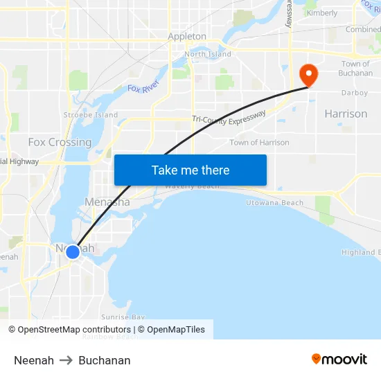 Neenah to Buchanan map