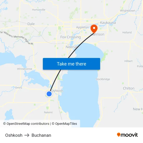 Oshkosh to Buchanan map