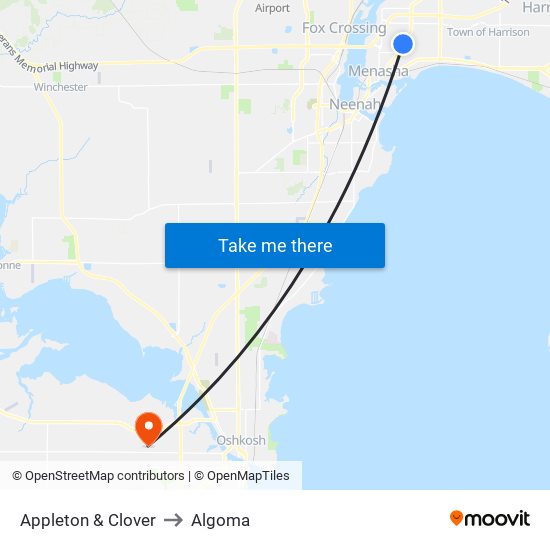 Appleton & Clover to Algoma map