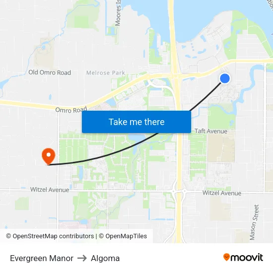 Evergreen Manor to Algoma map