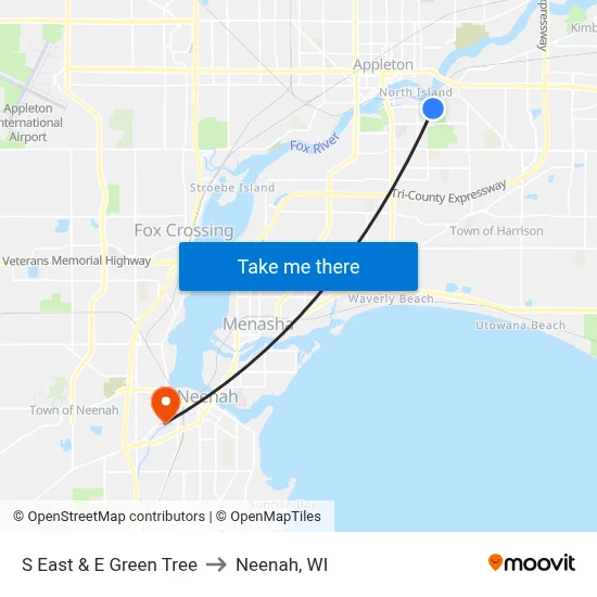 S East & E Green Tree to Neenah, WI map