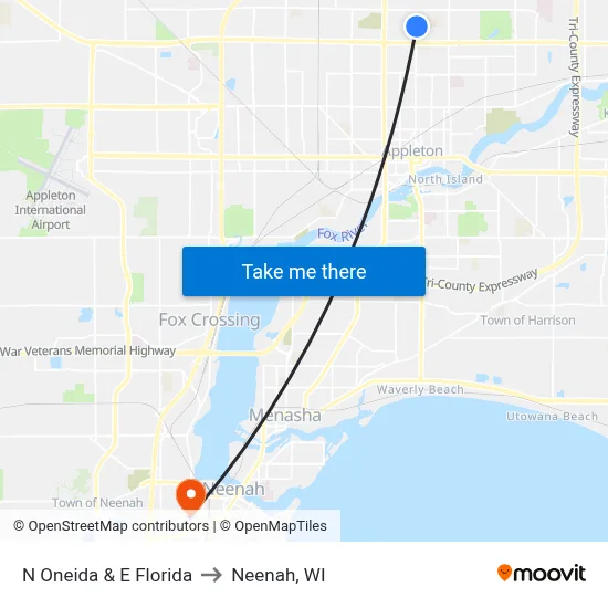 N Oneida & E Florida to Neenah, WI map