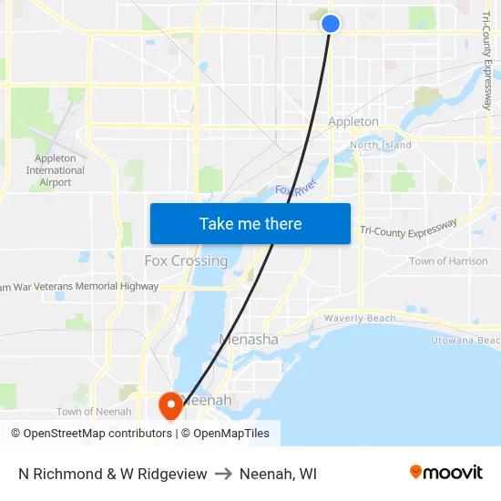 N Richmond & W Ridgeview to Neenah, WI map