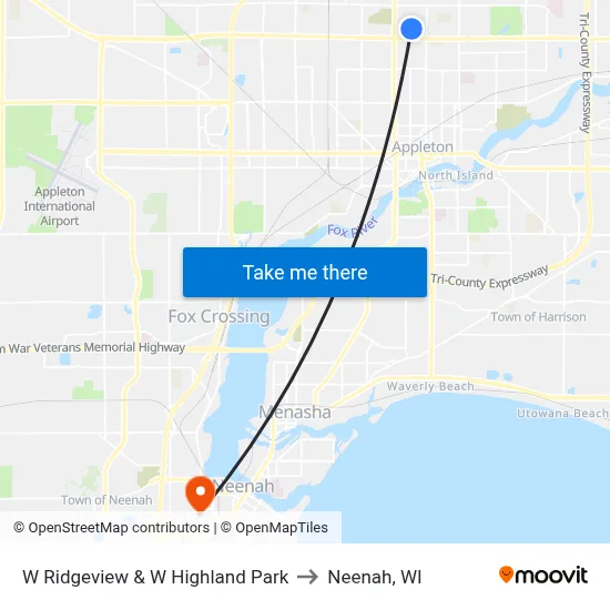W Ridgeview & W Highland Park to Neenah, WI map