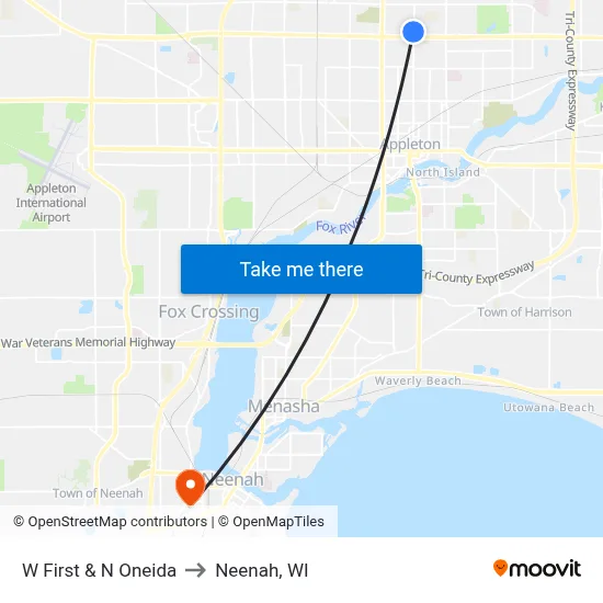 W First & N Oneida to Neenah, WI map