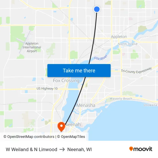 W Weiland & N Linwood to Neenah, WI map