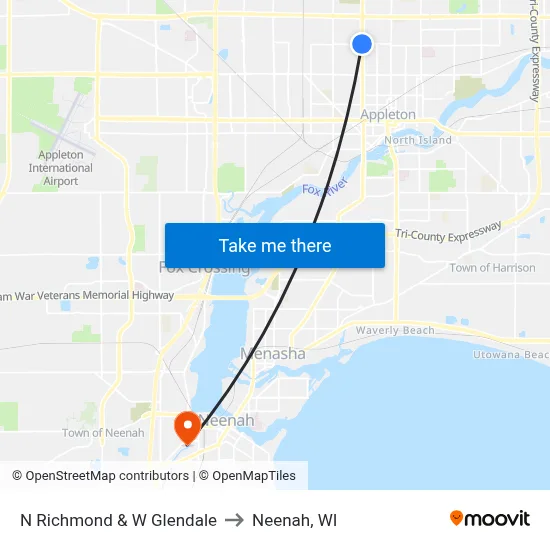 N Richmond & W Glendale to Neenah, WI map