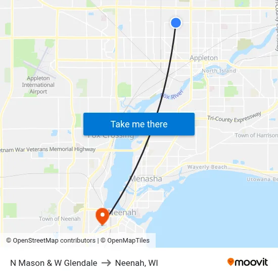 N Mason & W Glendale to Neenah, WI map