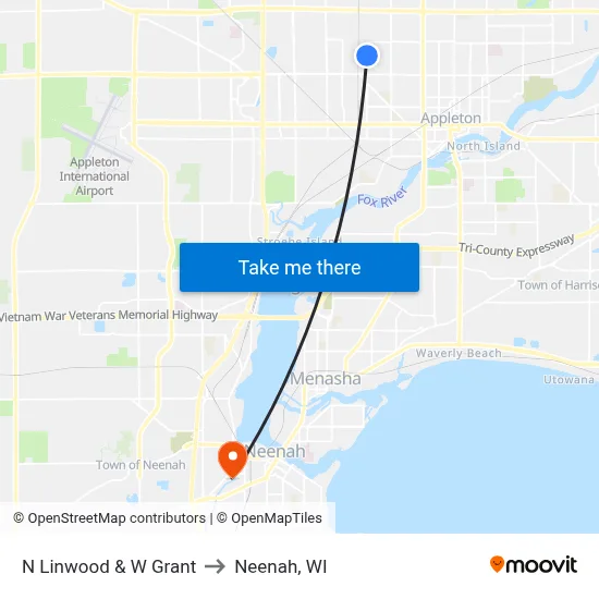N Linwood & W Grant to Neenah, WI map