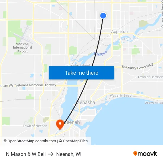 N Mason & W Bell to Neenah, WI map