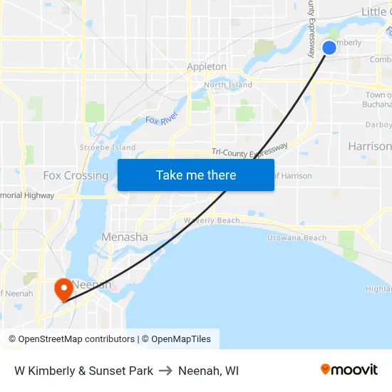 W Kimberly & Sunset Park to Neenah, WI map