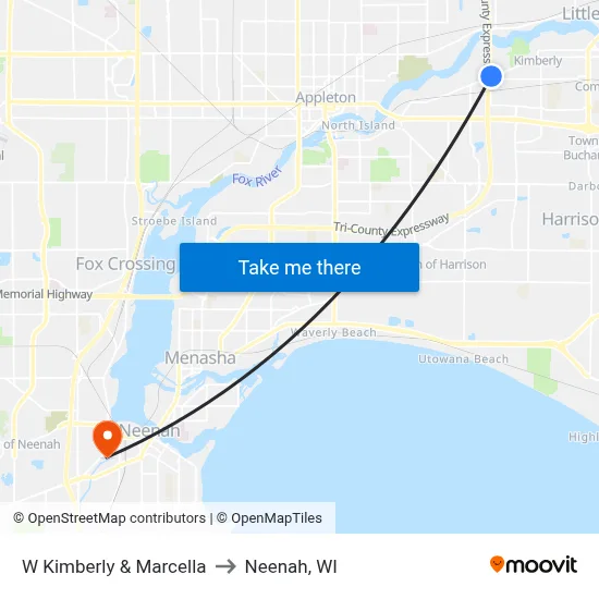 W Kimberly & Marcella to Neenah, WI map