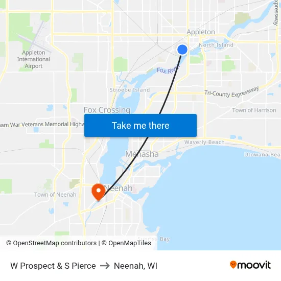 W Prospect & S Pierce to Neenah, WI map