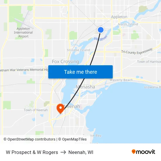 W Prospect & W Rogers to Neenah, WI map