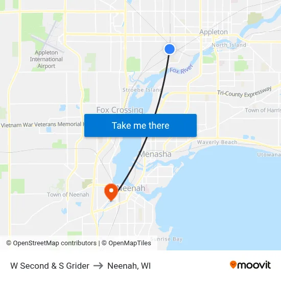 W Second & S Grider to Neenah, WI map