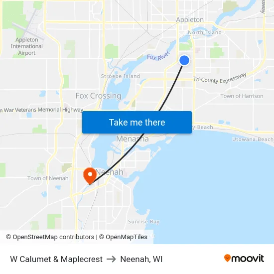 W Calumet & Maplecrest to Neenah, WI map
