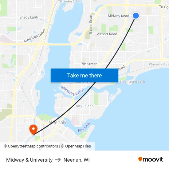 Midway & University to Neenah, WI map