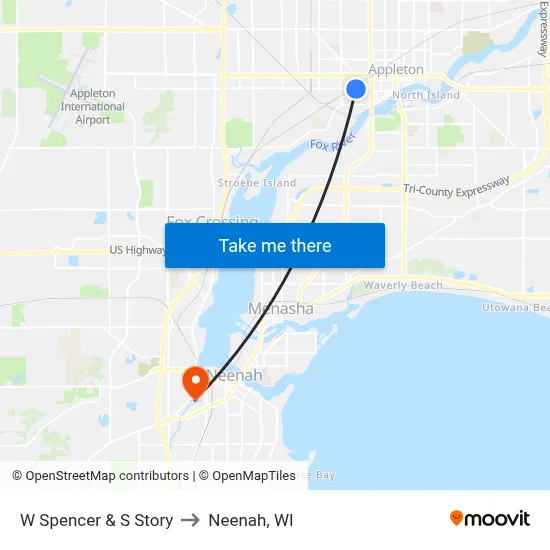 W Spencer & S Story to Neenah, WI map
