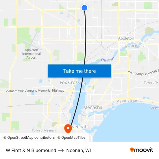 W First & N Bluemound to Neenah, WI map